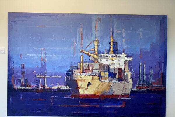 Tilemachos Kyriazatis infuses his paintings with a philosophical perspective on shipping. He sees ships as more than vessels; they symbolize connections between people and the transcendence of boundaries throughout history. To him, those who work on a voyage by sea are 'traveling souls', which is how he also identifies himself.